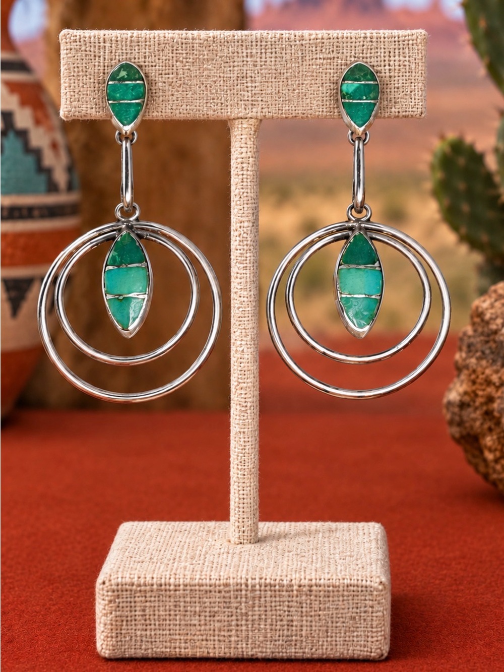 Earrings Sterling Silver Genuine Malachite & Turquoise Inlay Hoop Dangle